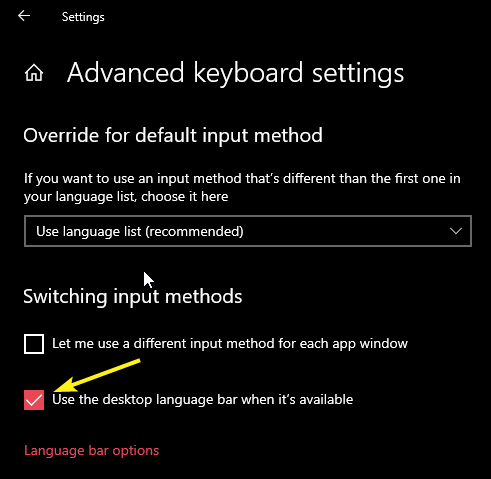 Cómo mostrar u ocultar el indicador de entrada y la barra de idioma en Windows 10