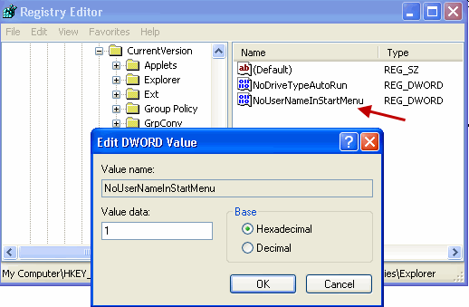 Snippet: Eliminar el nombre de usuario del menú Inicio de Windows XP